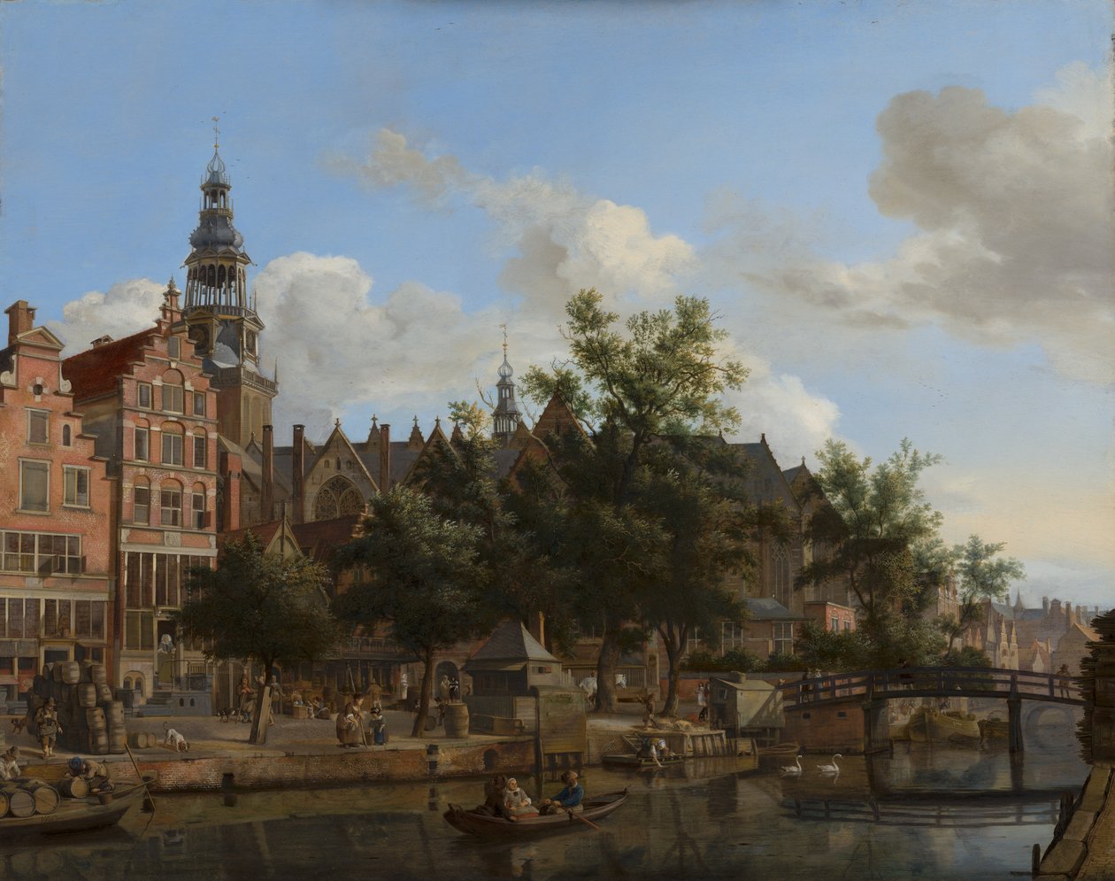 Utsikt över Oudezijds Voorburgwal med Oude Kerk i Amsterdam, ca 1670 (olja på panel) av Jan van der Heyden