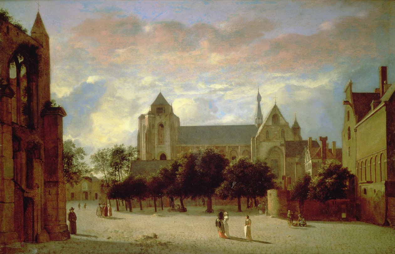 Utsikt över Grote Kerk i Veere från söder (olja på panel) av Jan van der Heyden