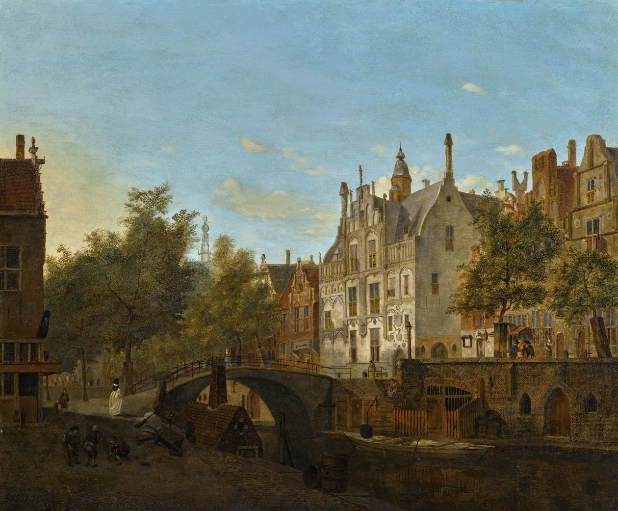 Utsikt över Oude Delft med Gemeenlandshuis av Jan van der Heyden