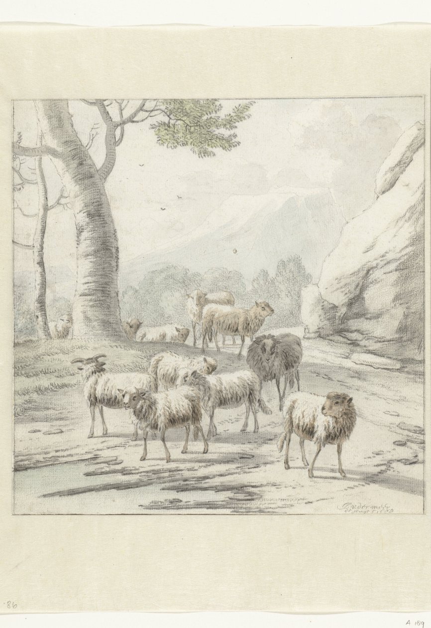 Landskap med en fårflock nära ett träd av Jan van der Meer (II)
