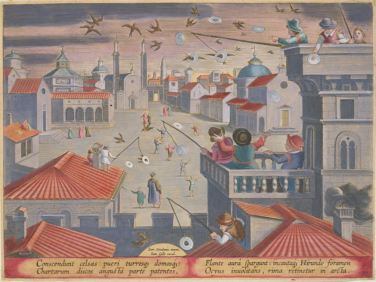 Att fånga svalor med hjälp av speglade skivor med hål, platta 77 från "Venationes Ferarum, Avium, Piscium" (Om jakt: vilda djur, fåglar, fisk), graverad av Jan Collaert (1566-1628), utgiven av Phillipu. av Jan van der Straet