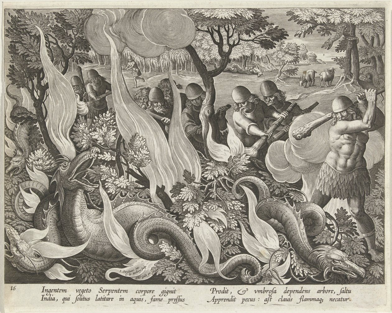 Fånga ormar i Indien med klubbor och facklor för att tända undervegetationen, pub. 1640 gravyr. av Jan van der Straet