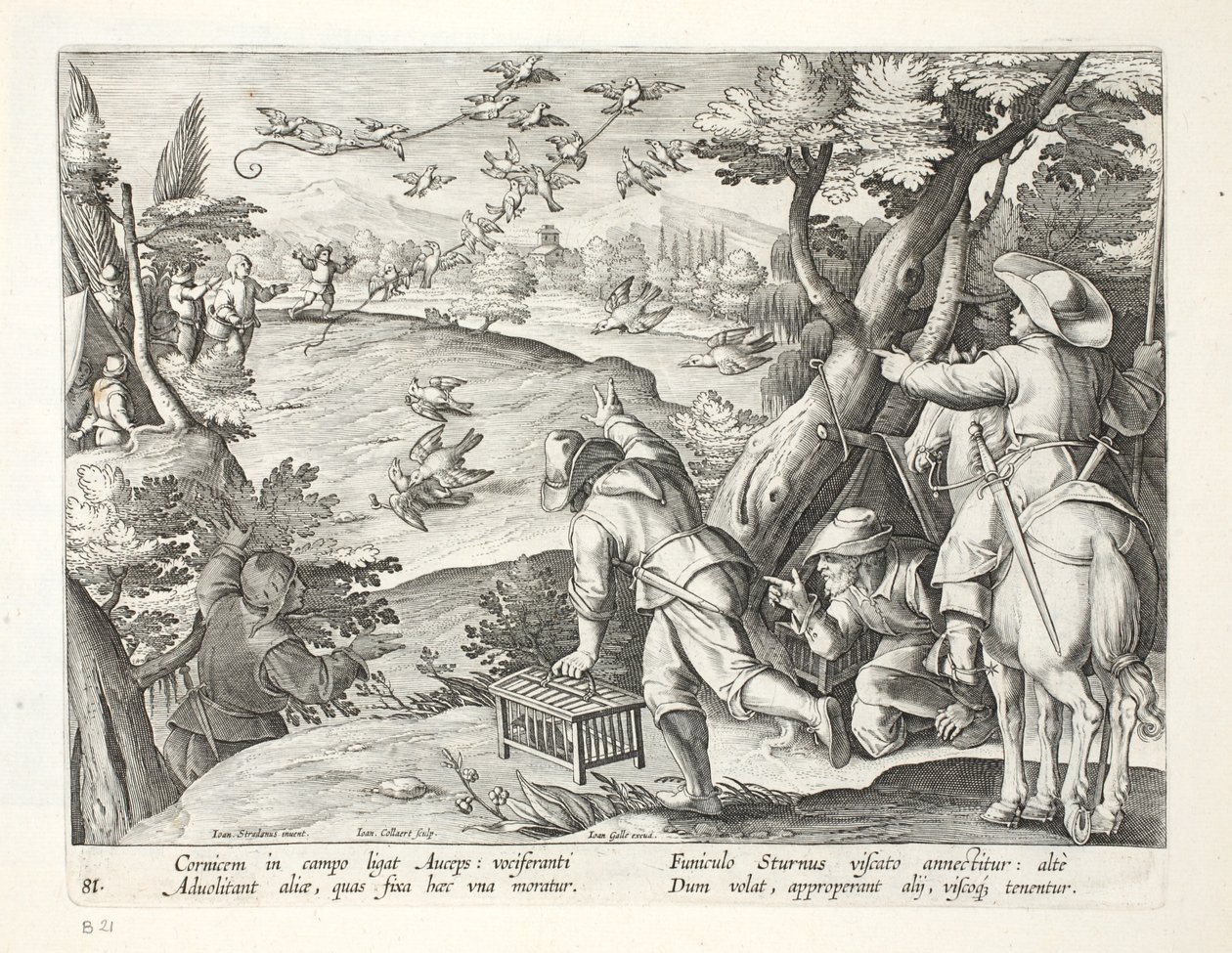 Fowlers som fångar kråkor, illustration från "Venationes, Ferarum, Avium, Piscium" (av jakt: vilda djur, fåglar, fiskar), graverad av Jan Collaert (1566-1628), pub. av Phillipus Gallaeus, Amsterdam (eng av Jan van der Straet