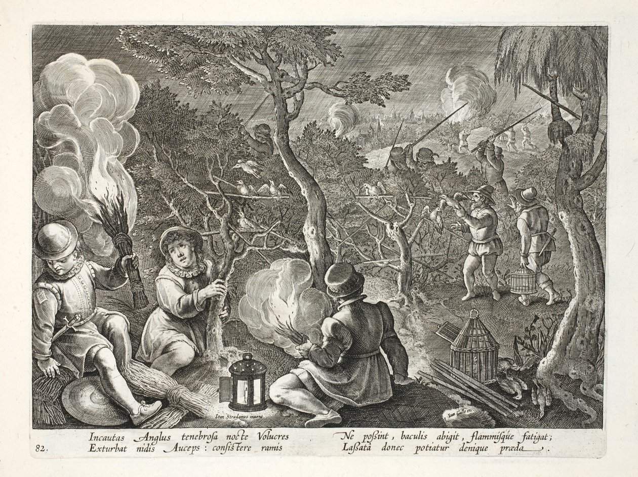 Fowlers som fångar fåglar på natten, illustration från "Venationes, Ferarum, Avium, Piscium" (av jakt: vilda djur, fåglar, fiskar), graverad av Jan Collaert (1566-1628), pub. av Phillipus Gallaeus, Amste av Jan van der Straet