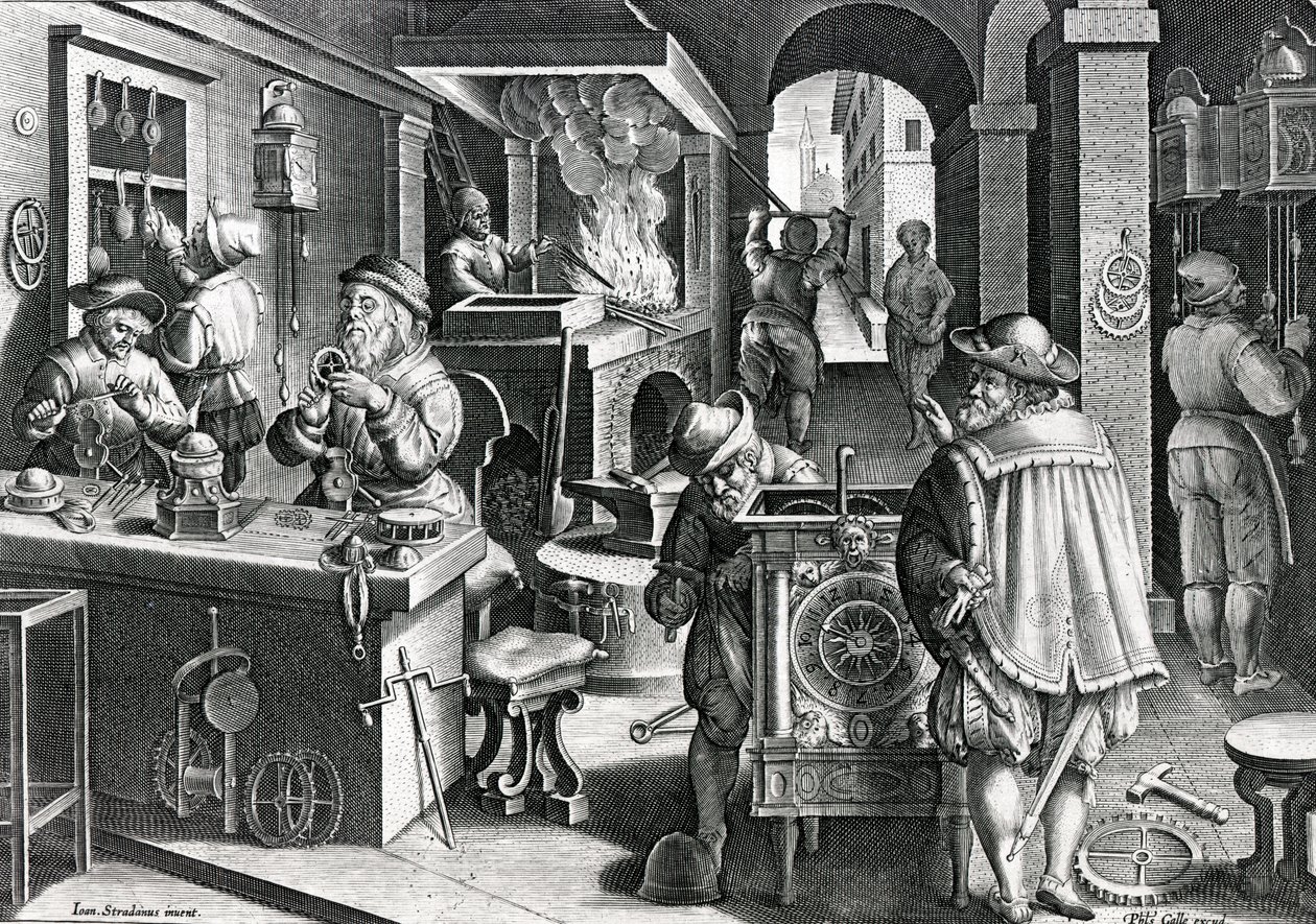 Horologia Ferrea, platta 5 från "Nova Reperta", graverad av Philip Galle, ca 1580-1605 av Jan van der Straet