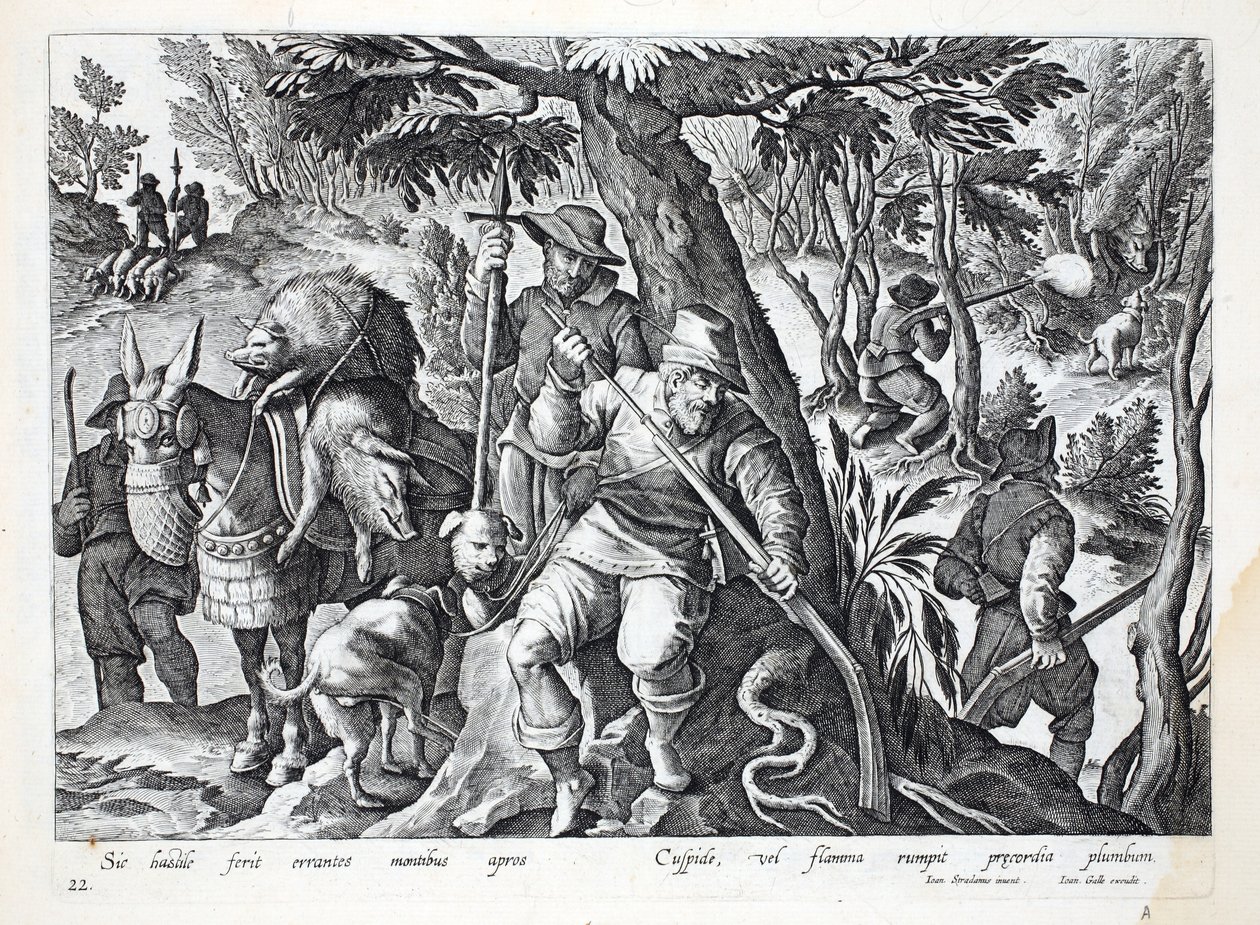 Jägare använder spjut eller gevär laddade med bly för att jaga bergssvin, illustration från 