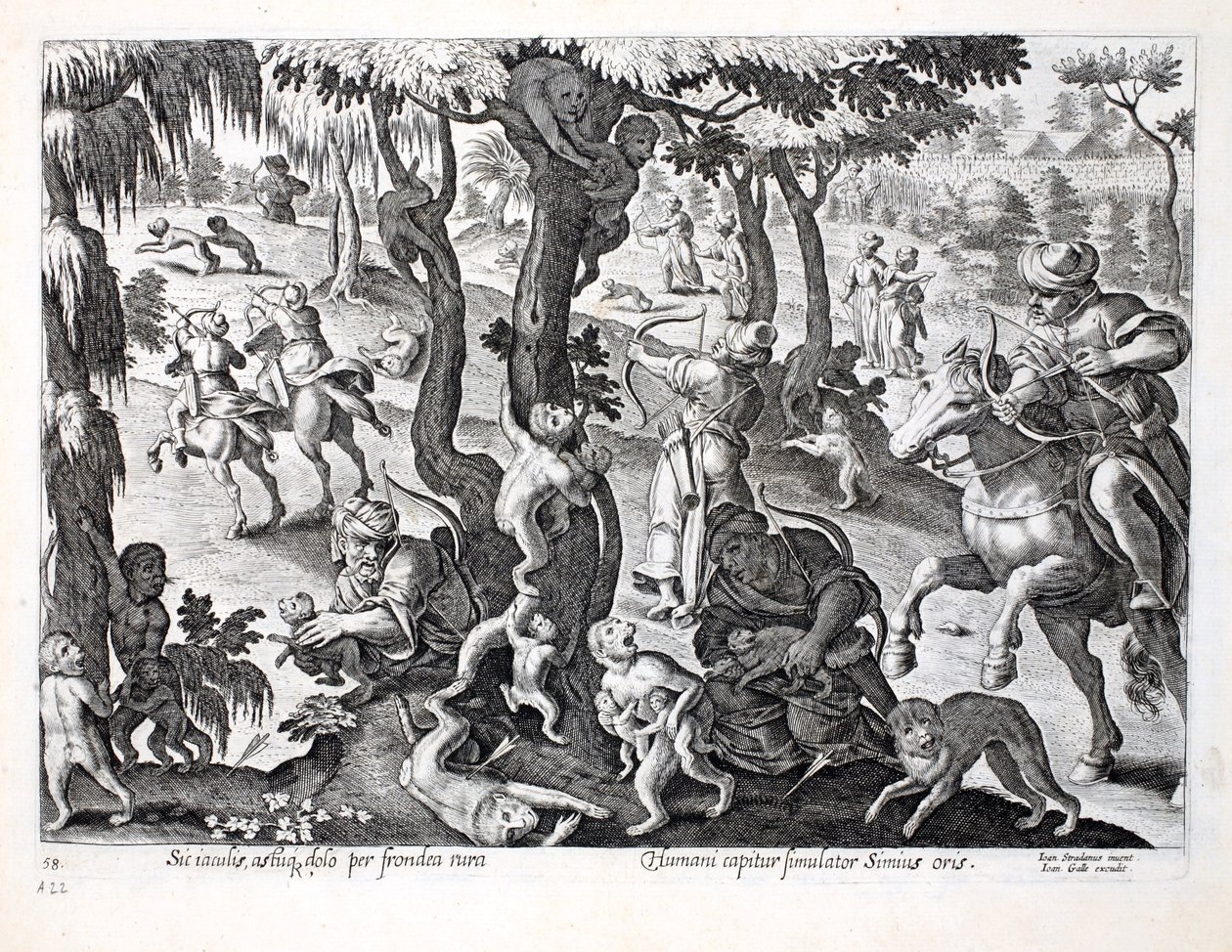 Jakt på apor på landsbygden, illustration från "Venationes, Ferarum, Avium, Piscium" (Om jakt: vilda djur, fåglar, fisk), graverad av Jan Collaert (1566-1628), utgiven av Phillipus Gallaeus, Am av Jan van der Straet