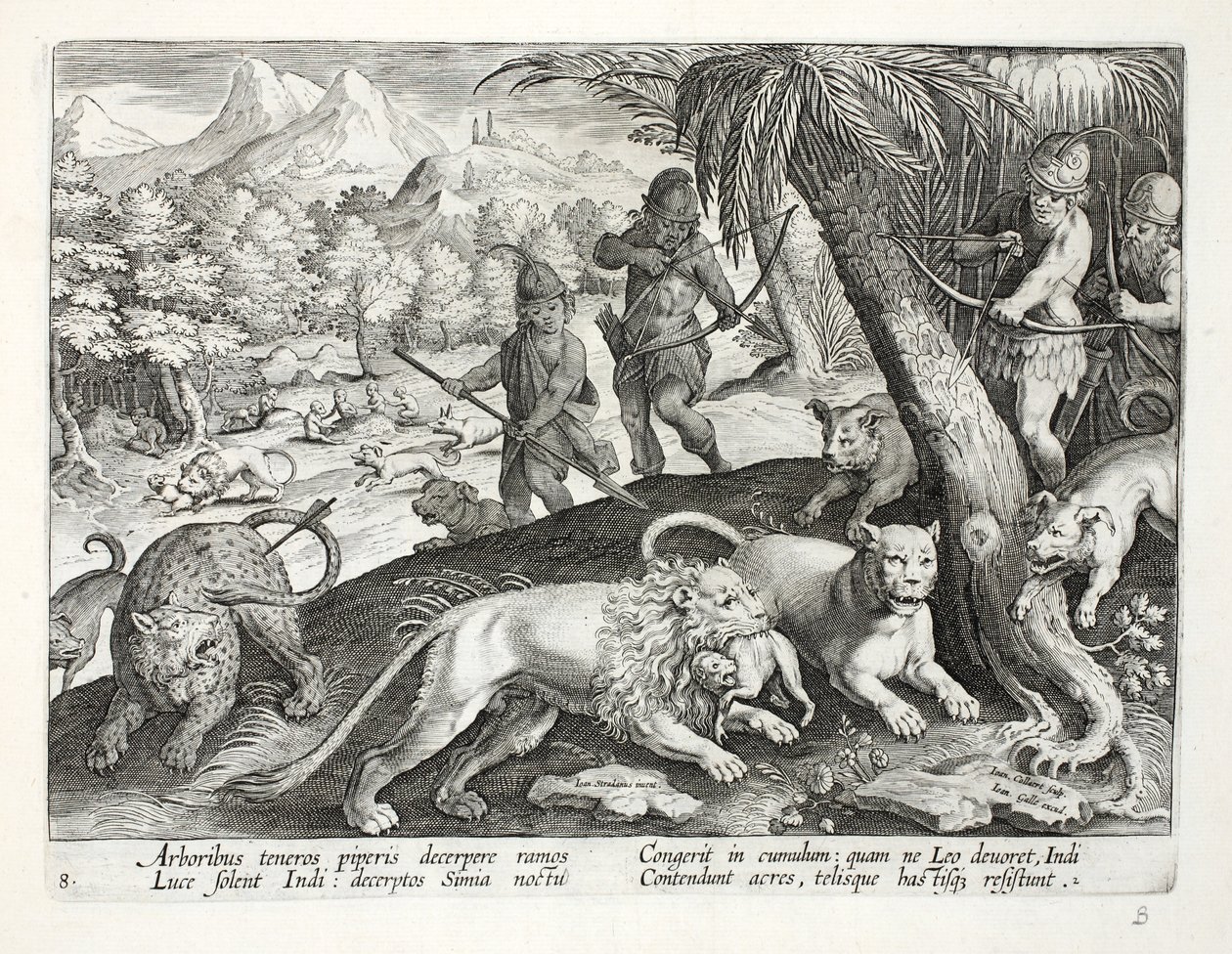 Indianer skjuter lejon med pilar, som har fångat apor i munnen, illustration från 