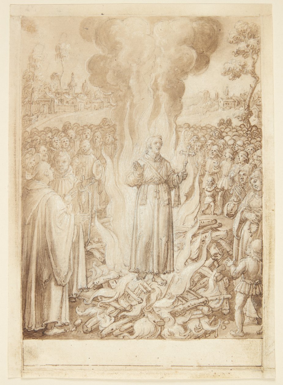 Historien om S. Giovanni Alberti Fiorentino. Abbot Petrus bevisar med eld att biskopen av Florens är en kättare och en Simonist av Jan van der Straet