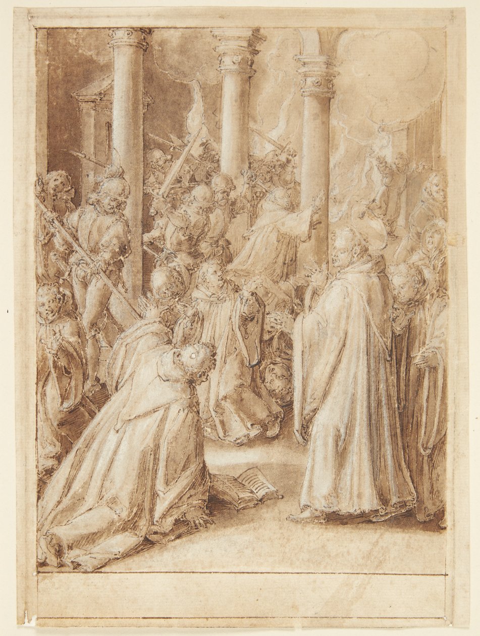 Historien om S. Giovanni Alberti Fiorentino. Soldaterna skickade av biskopen i Florens attackerar klostret där de tror att Giovanni Alberti är(?) av Jan van der Straet