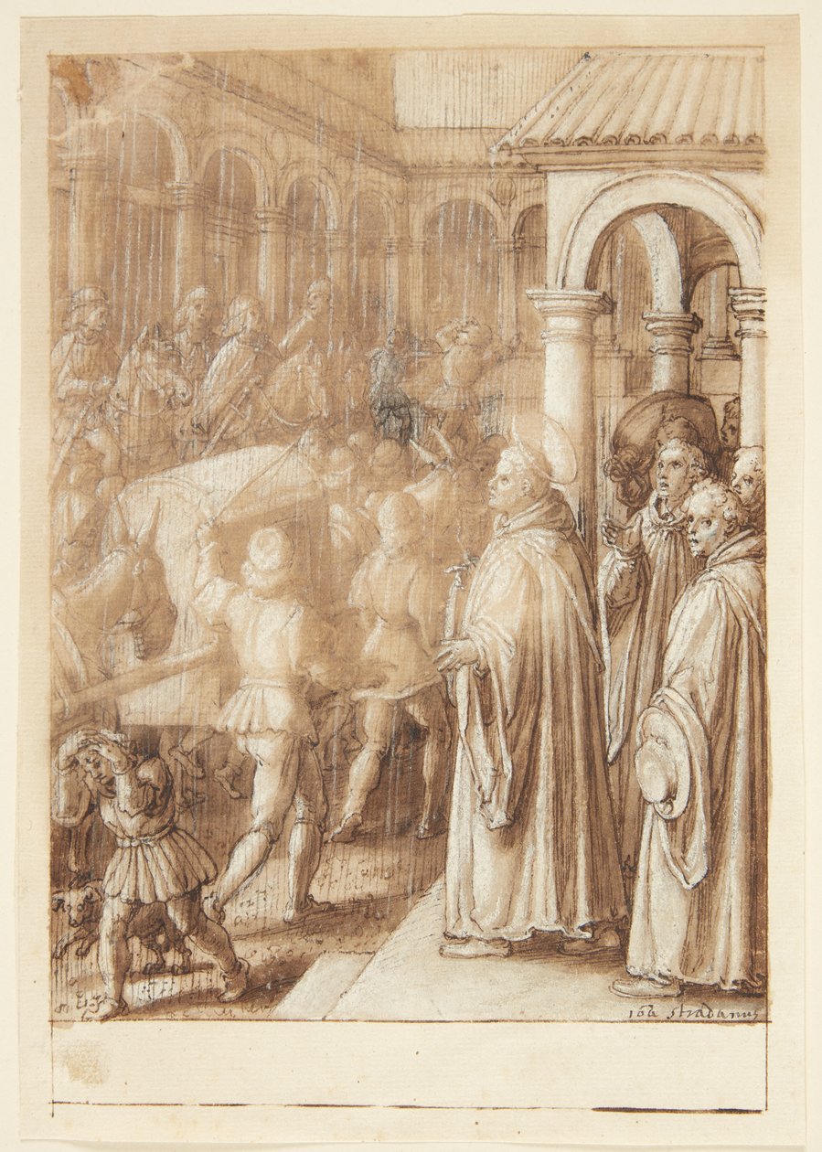 Historien om S. Giovanni Alberti Fiorentino. På torget anklagar helgonet biskoparna i Florens för simoni(?) av Jan van der Straet