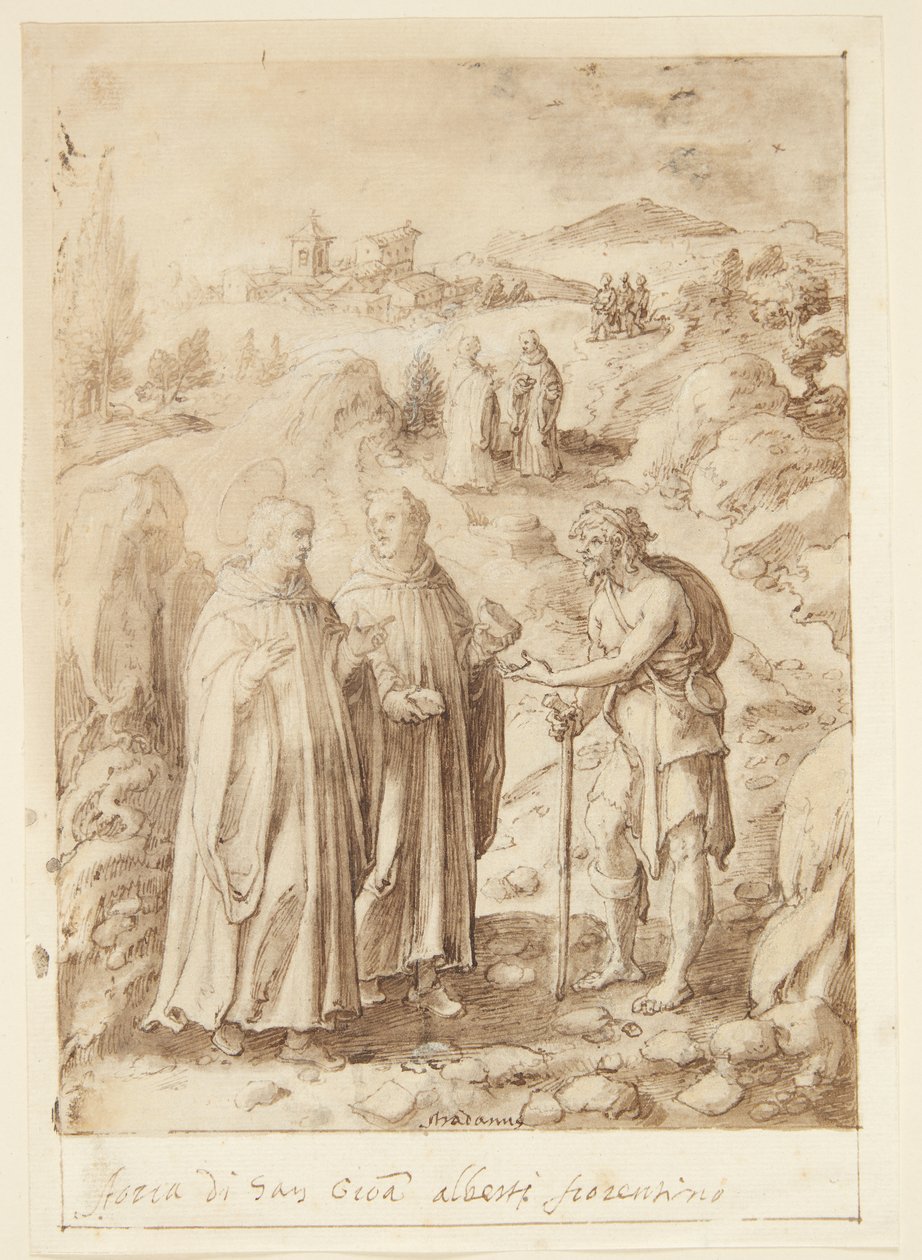 Historien om S. Giovanni Alberti Fiorentino. Helgonet och den medföljande munken ger en tiggare sitt sista bröd av Jan van der Straet