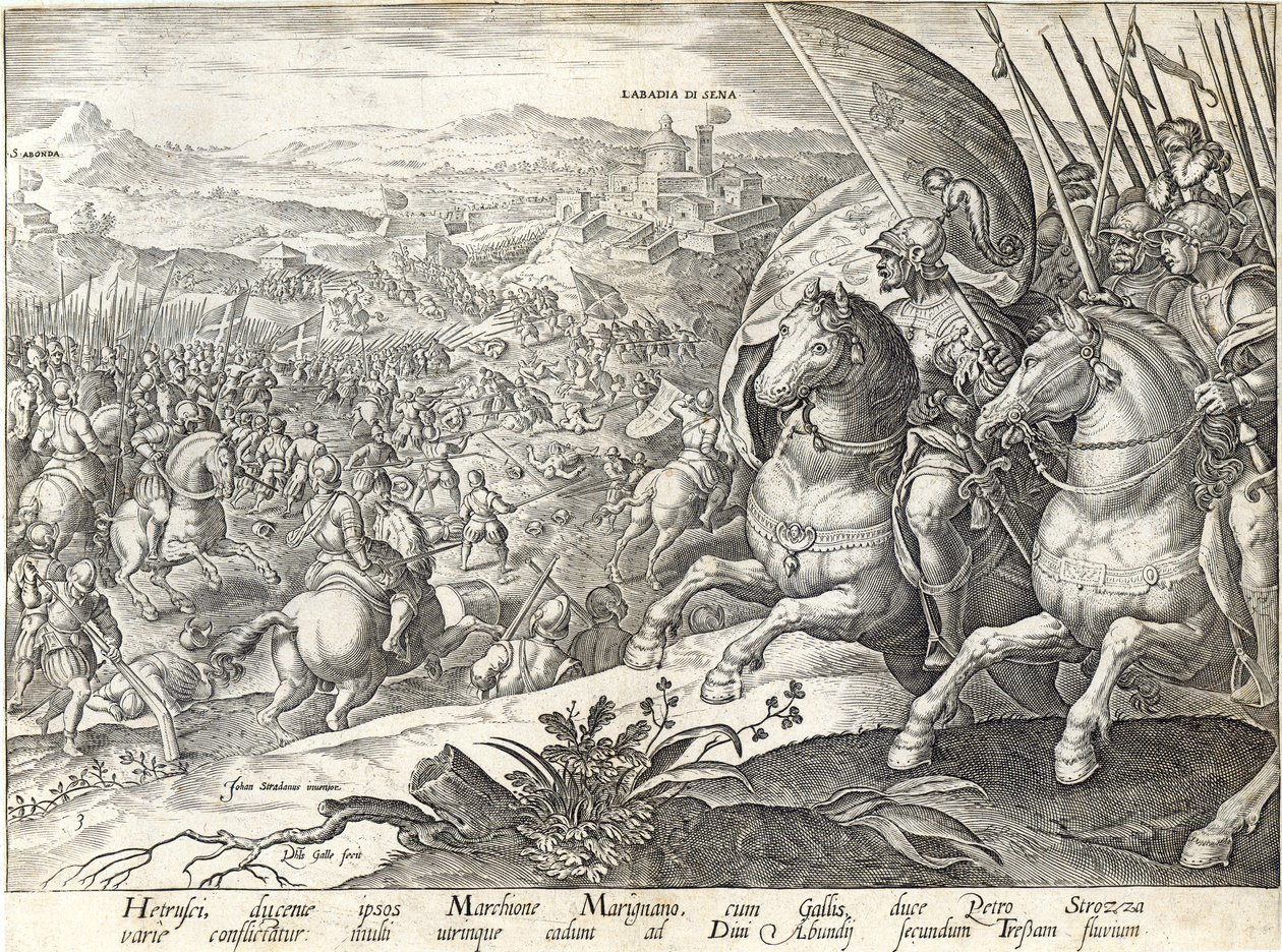 Slaget vid Labadia si Sena och S:t Abonda, tavla 3 från "The History of the Medici", graverad av Philip Galle (1537-1612), ca 1583 av Jan van der Straet