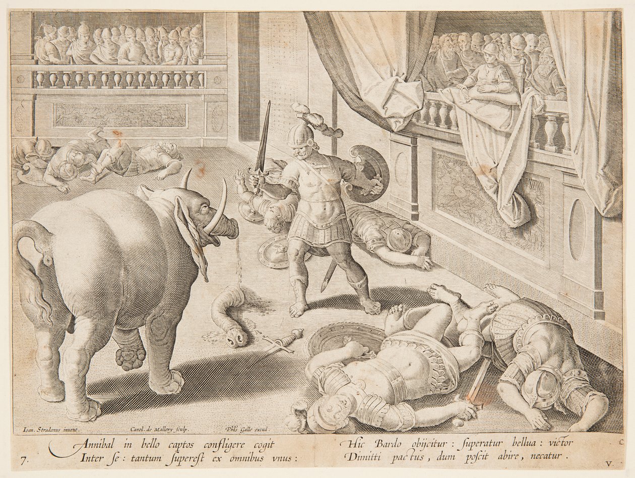 En romersk soldat som slåss mot en av Hannibals elefanter, pl. 7 i serien Game, Birds and Fish av Jan van der Straet, called Stradanus