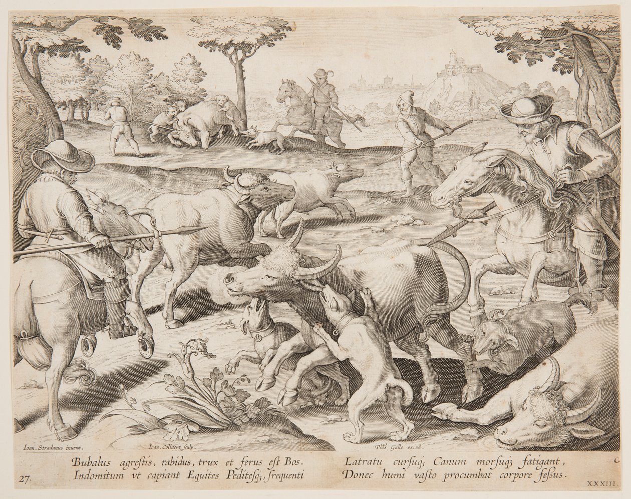 Buffalo Hunt, tallrik 27 i Hunts of Game, Birds and Fish-serien av Jan van der Straet, called Stradanus