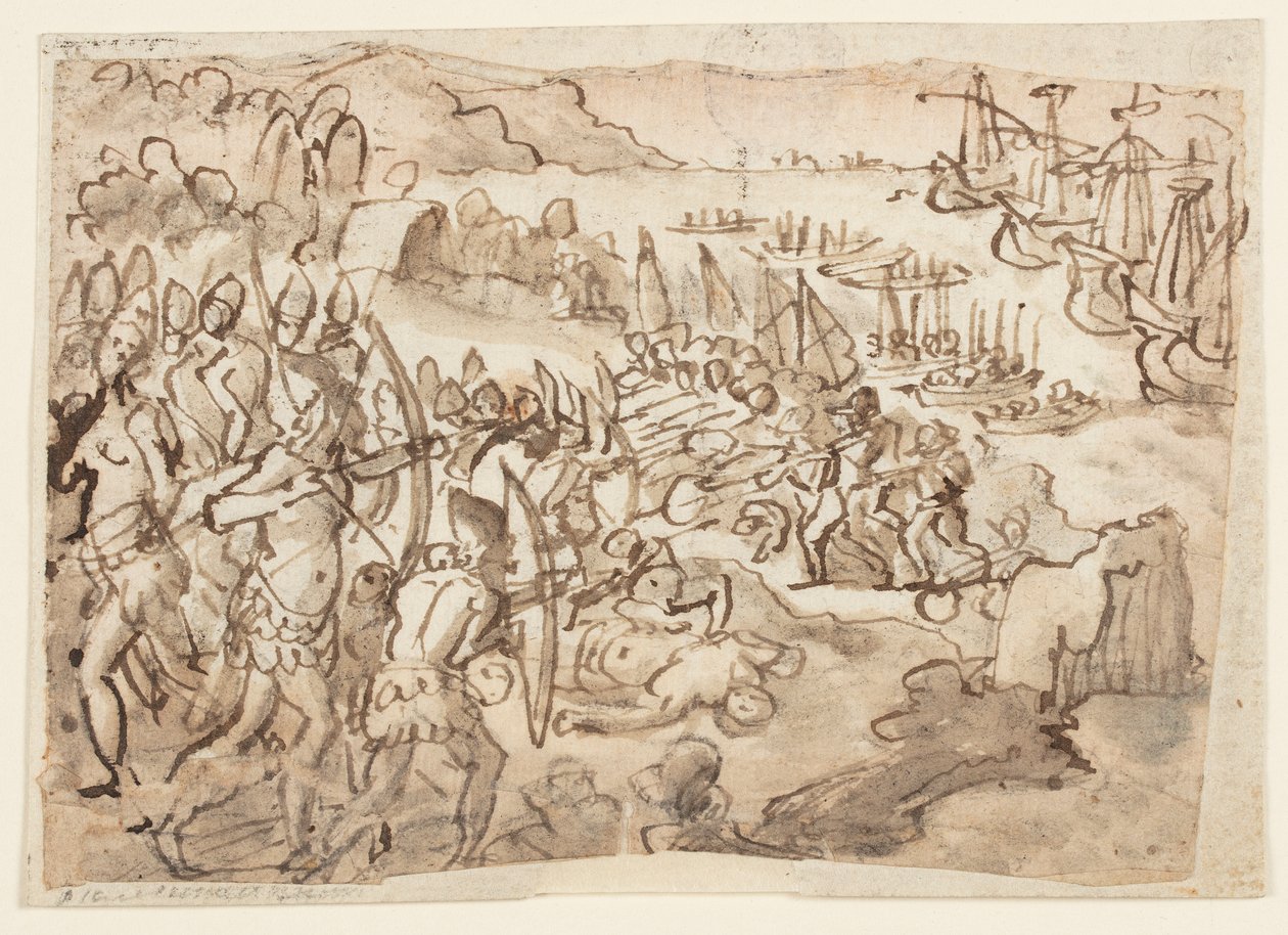 Erövringen av de Filippinska öarna, preliminär design för grisillemålning realiserad av Stradanus son Scipione, för obsequies till minne av Filip II av Spanien, som hölls i San Lorenzo i Florens den 12 november 1598 av Jan van der Straet, called Stradanus
