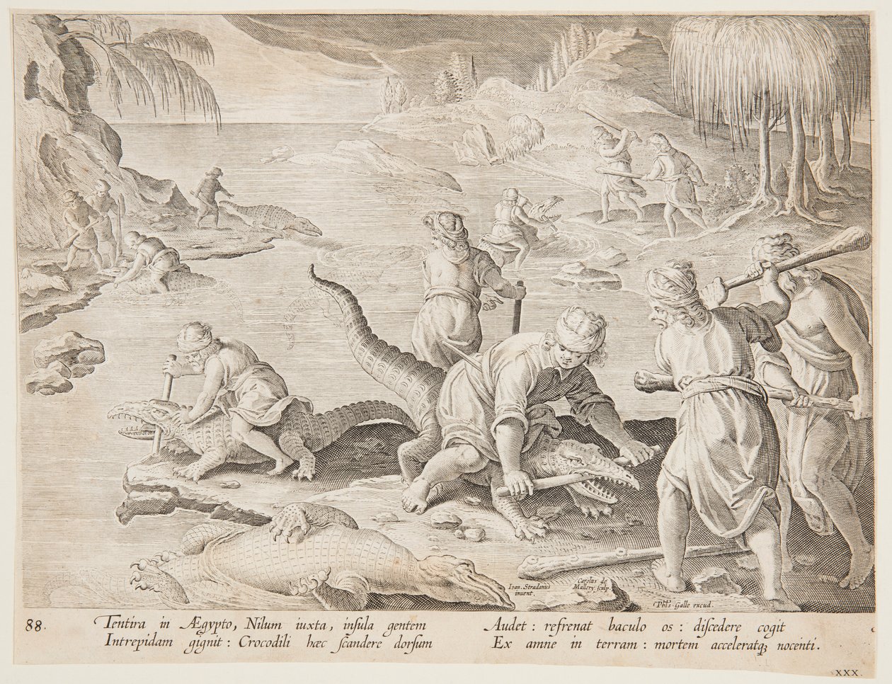Krokodiljakt i Tentyra, i Egypten, tallrik 30 från serien Hunts of Wild Animals, Birds and Fish av Jan van der Straet, called Stradanus