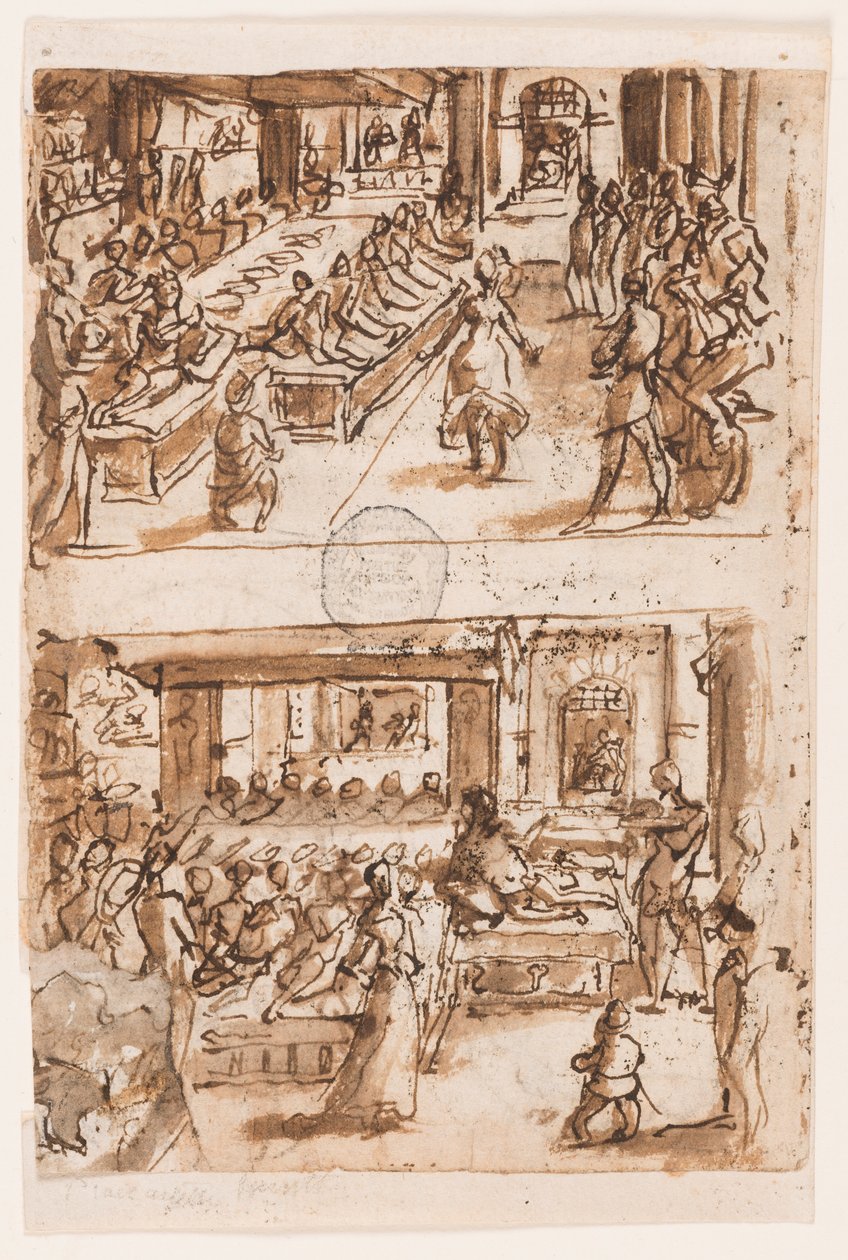 Dans av Salome; Verso, ovan: Daniels tolkning av kung Nebukadnessars andra dröm, preliminär design för "Spiritus Consilii" (Rådets ande), plåt 3 i tryckserien "Den Helige Andes sju gåvor"; Verso, nedan: Två ovaler, o av Jan van der Straet, called Stradanus