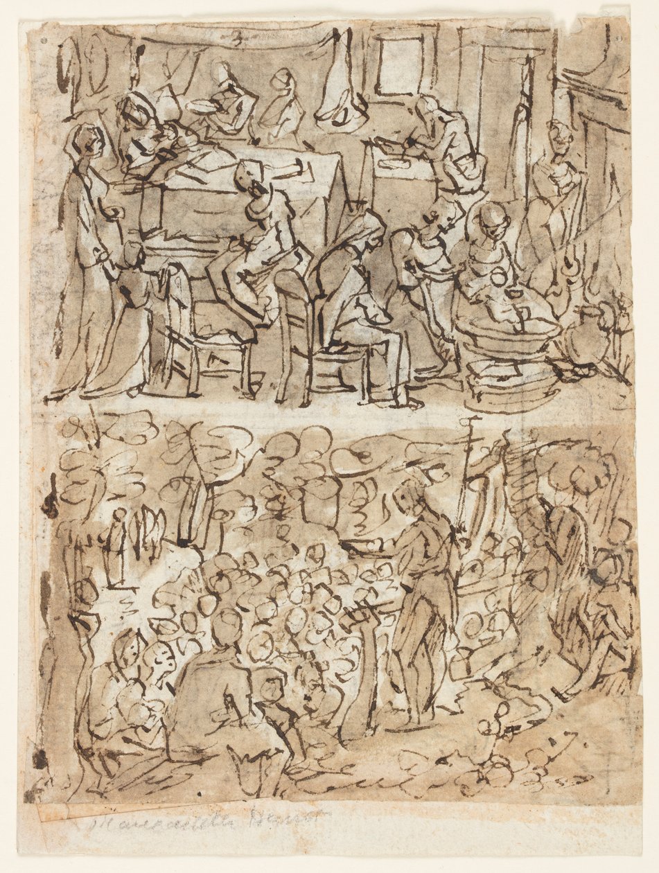 Fyra scener ur Johannes Döparens liv, preliminära mönster för en tryckserie (recto and verso) av Jan van der Straet, called Stradanus
