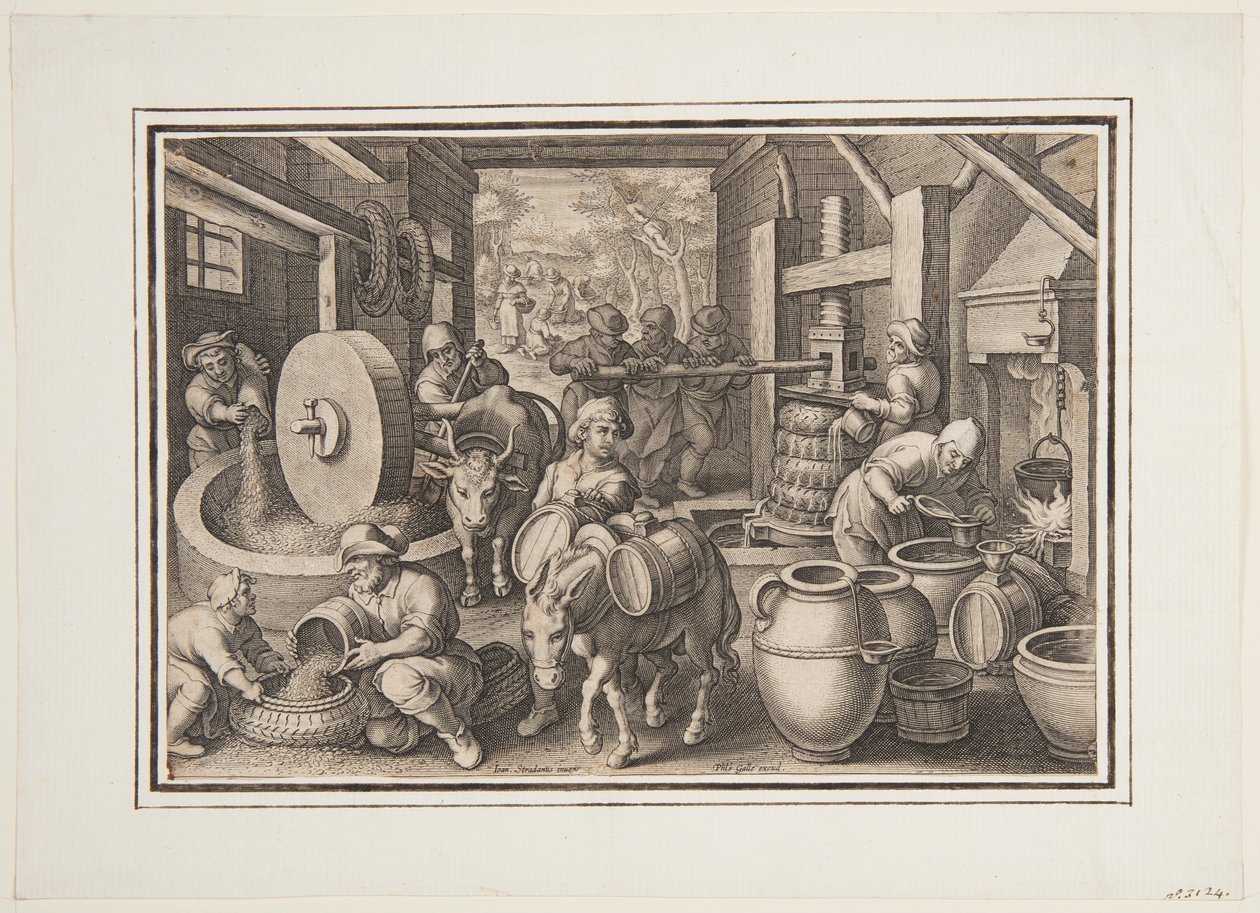 Oleum Olivarum (The Production of Olive Oil), tallrik 12 i Nova Reperta (New Inventions of Modern Times) av Jan van der Straet, called Stradanus