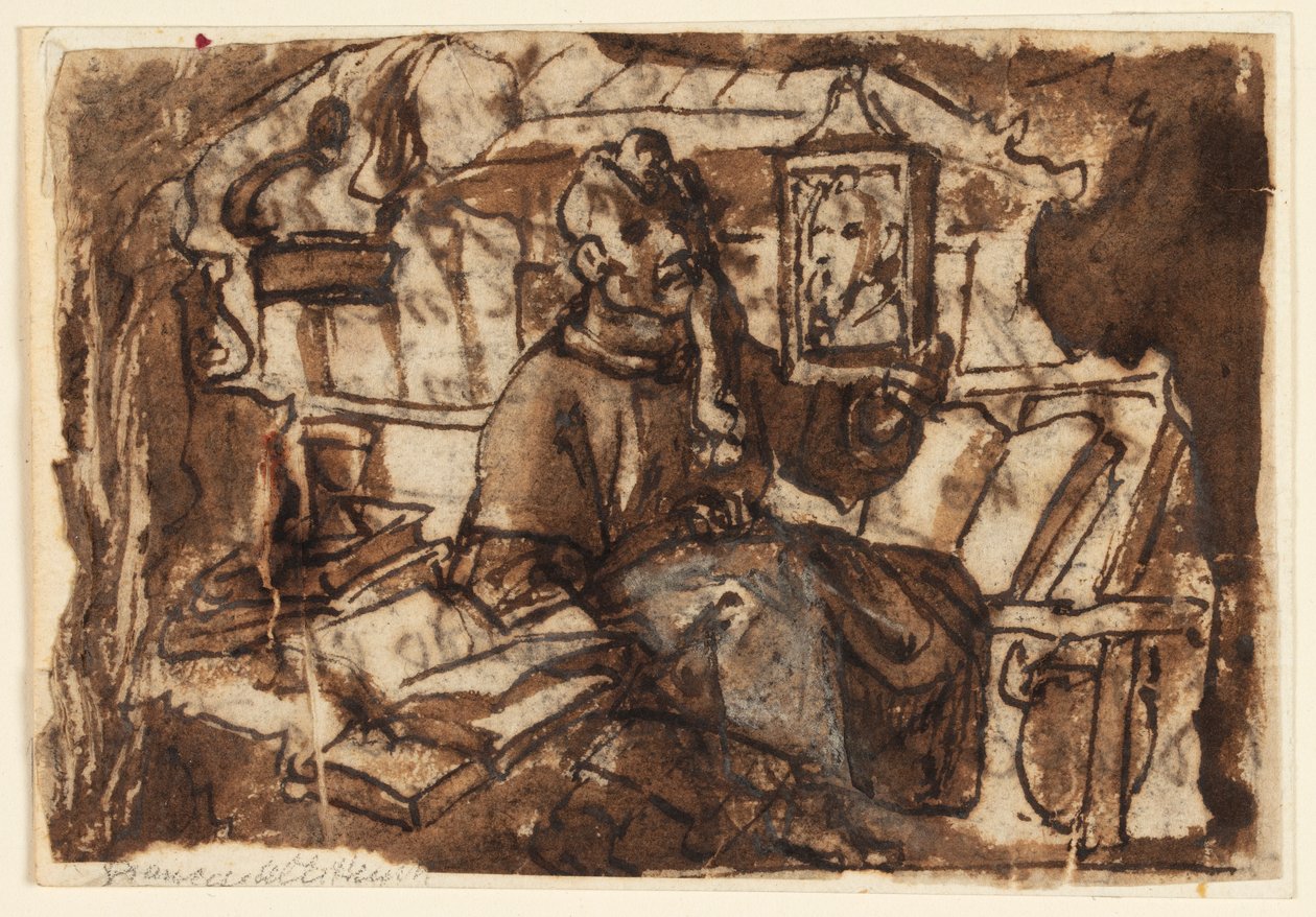 Sida i en skissbok; En munk i sitt arbetsrum av Jan van der Straet, called Stradanus