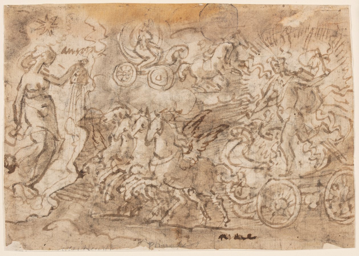 Sida i en skissbok; Apollo och Aurora av Jan van der Straet, called Stradanus
