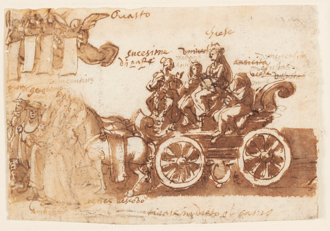 Sida i en skissbok; Vagn och tre hästar av Jan van der Straet, called Stradanus