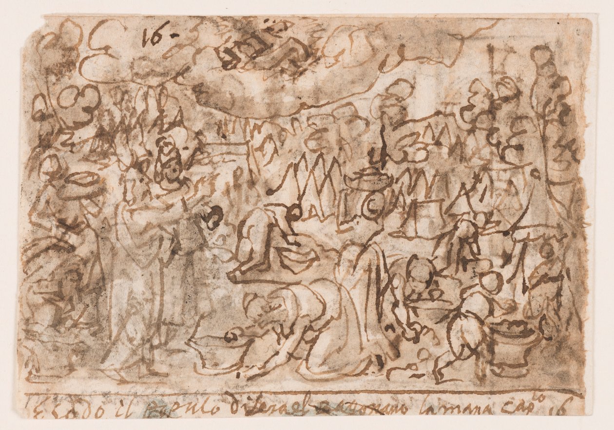 Sida i en skissbok; Exodus - insamling av manna; Offra av Jan van der Straet, called Stradanus