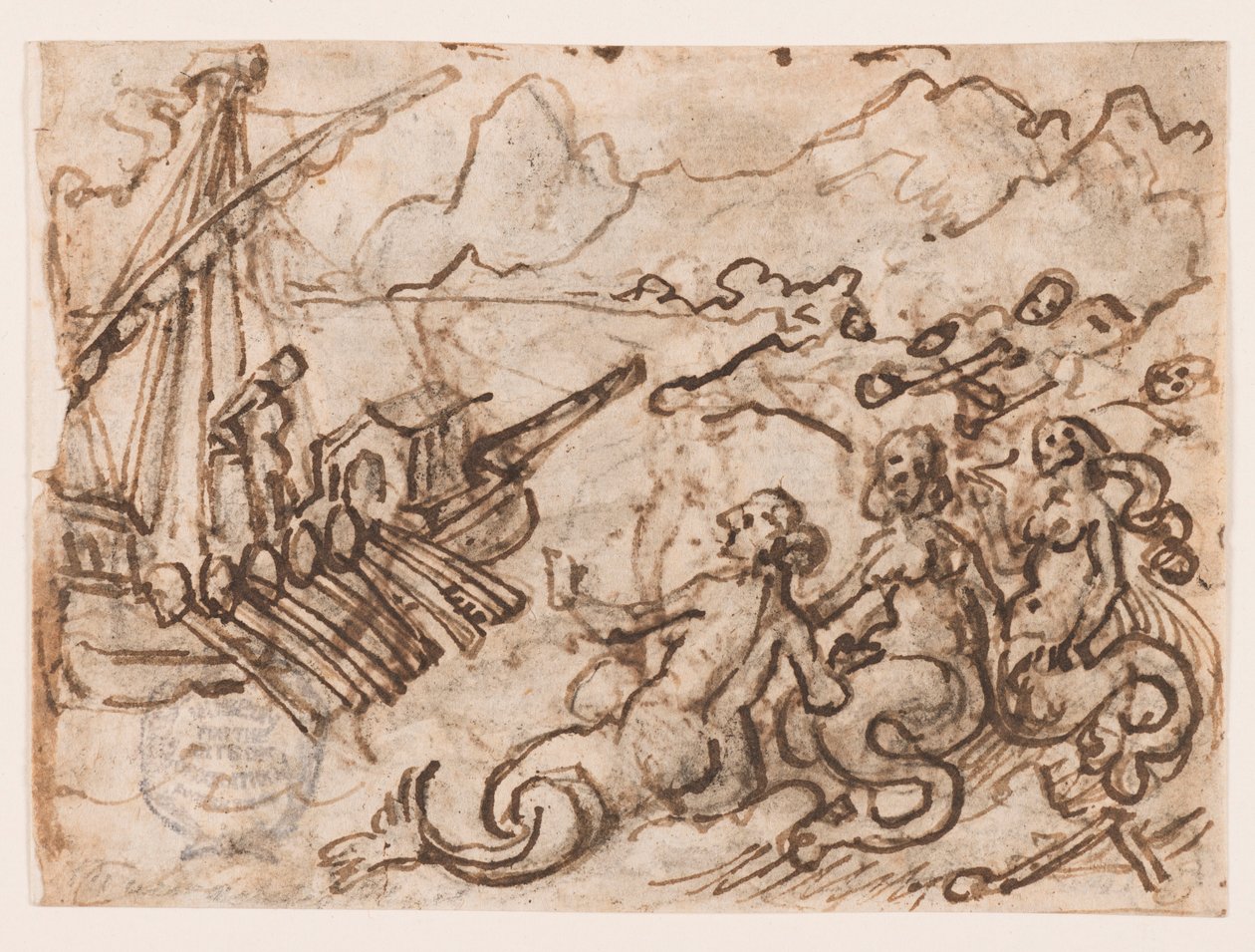 Sida i en skissbok: Ulysses passerar sirenerna (recto); Ulysses i underjorden (verso) av Jan van der Straet, called Stradanus