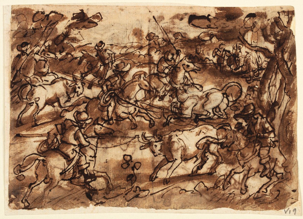 Recto: Tjurjakt med lassos; Verso, ovan: Björnjakt av Men in Armor; Verso, nedan: Jaga apor genom bedrägeri; alla preliminära mönster för Venationes-serien av Jan van der Straet, called Stradanus