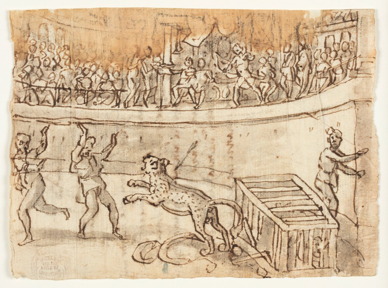 Till höger: Kejsar Commodus dödar en leopard; Verso: Skiss av Luigi Alamanni och inskription i handen som rör Herodianus Historiae, I, 15, 6-7 av Jan van der Straet, called Stradanus