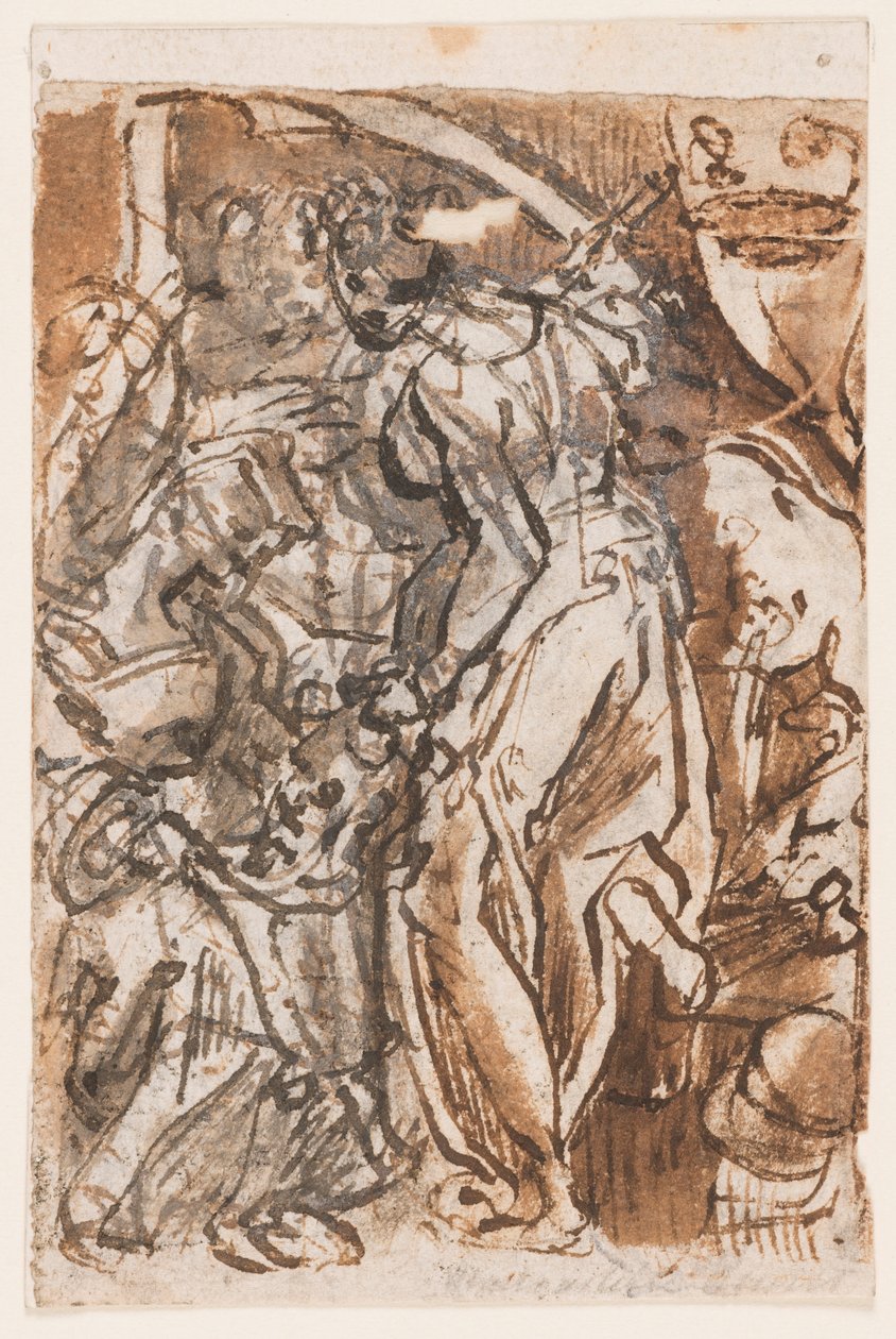 Rekto: Judith med chef för Holofernes; Verso: Preliminär design för titelskylten i tryckserien Seven Planets av Jan van der Straet, called Stradanus