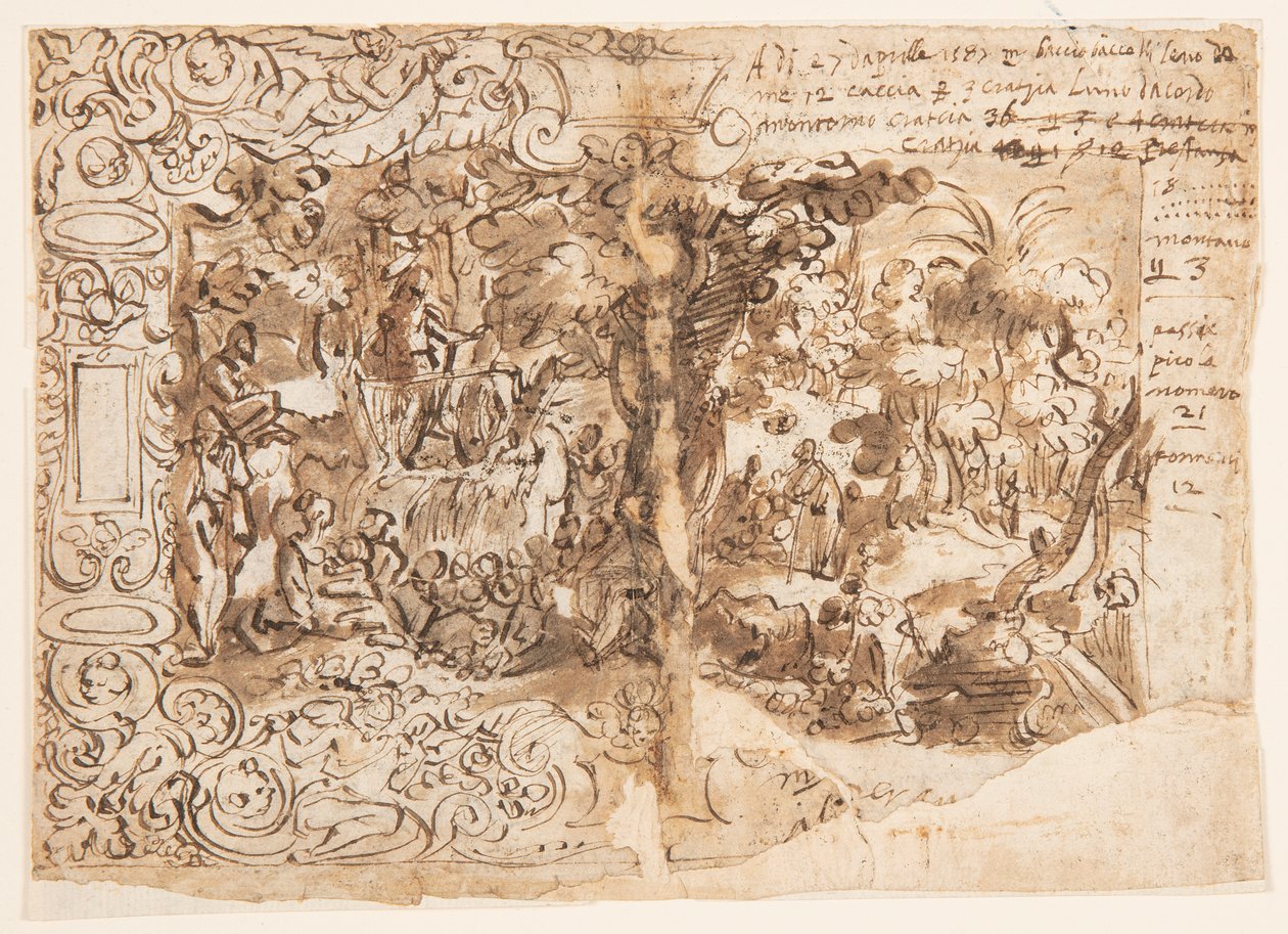 Recto: Tapetdesign med Johannes Döparen som predikar (eller Kristus bland åskådarna); Verso: inskription av Jan van der Straet, called Stradanus