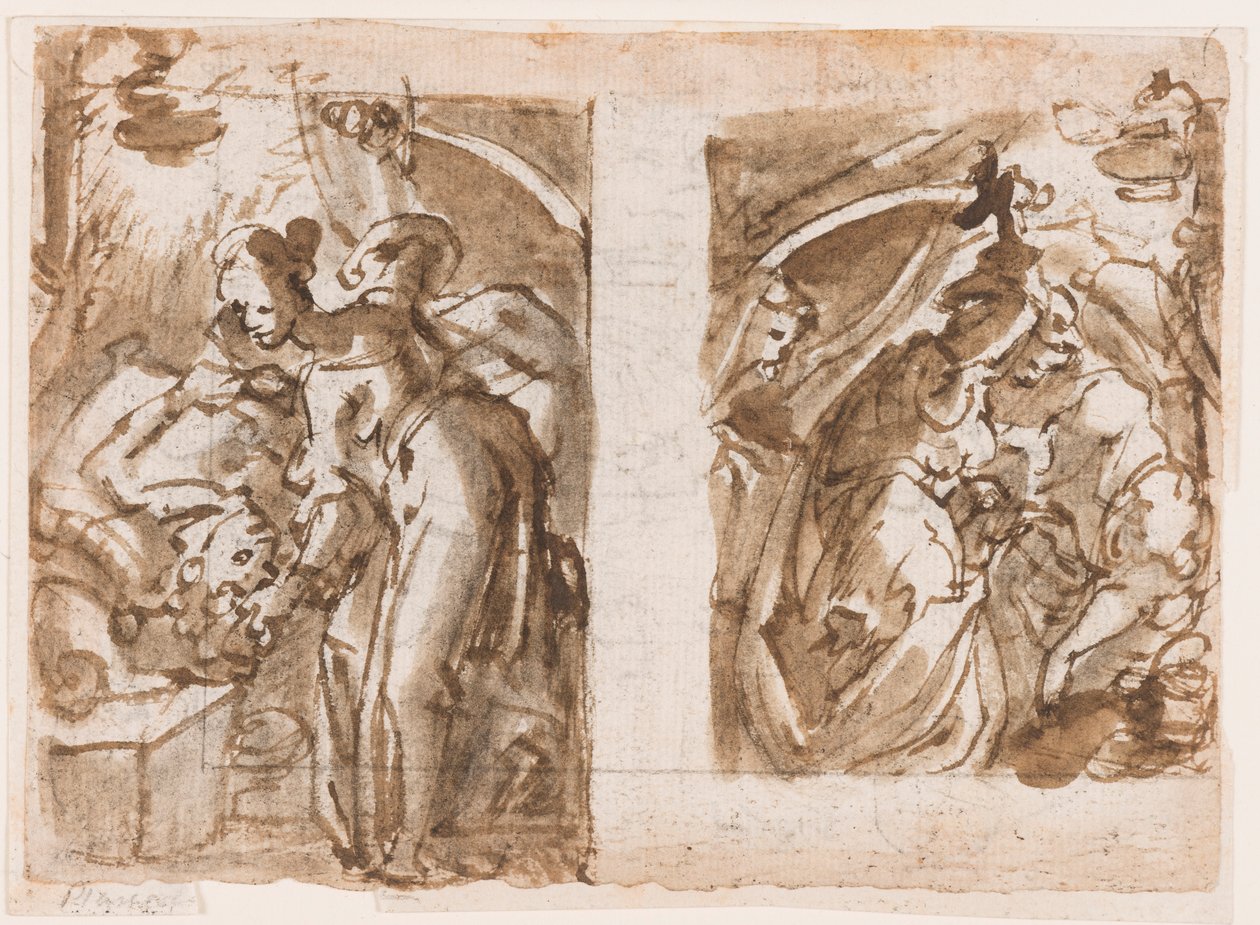 Recto: Två vyer av Judith som dödar Holofernes; Verso: Fontän i Fiesole av Jan van der Straet, called Stradanus