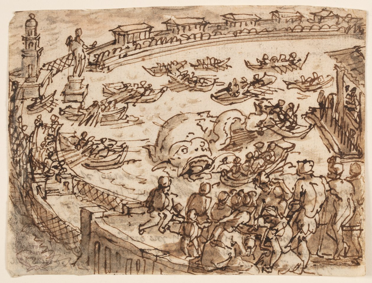 Recto: Valjakt av kejsar Claudius i hamnen i Ostia; Verso: inskription som hänför sig till Plinius den äldres naturhistoria, bok 9, kap. 5 av Jan van der Straet, called Stradanus