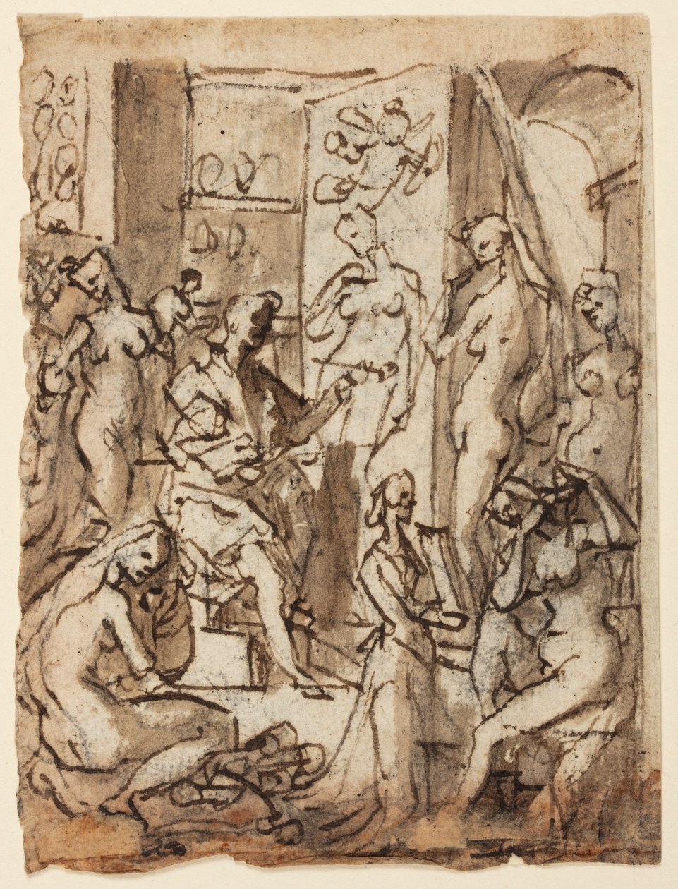 Recto: Zeuxis målning Helen; Verso: Studier av figurer för en illustration av den åttonde cirkeln, tionde bolgia av Dantes inferno (förfalskare: Mästare Adamo, Sinon av Troja, Potifars fru) av Jan van der Straet, called Stradanus