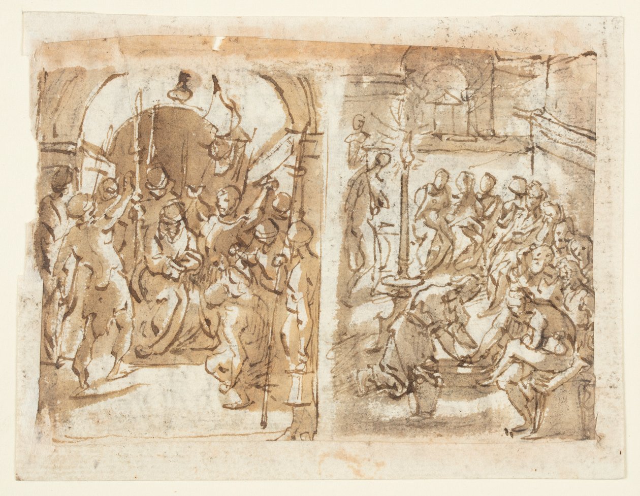 Recto, vänster: The Mocking of Christ; Recto, höger: Kristus tvättar apostlarnas fötter; Verso: Avrättning av Mary Stuart, drottning av Skottland 1587 av Jan van der Straet, called Stradanus