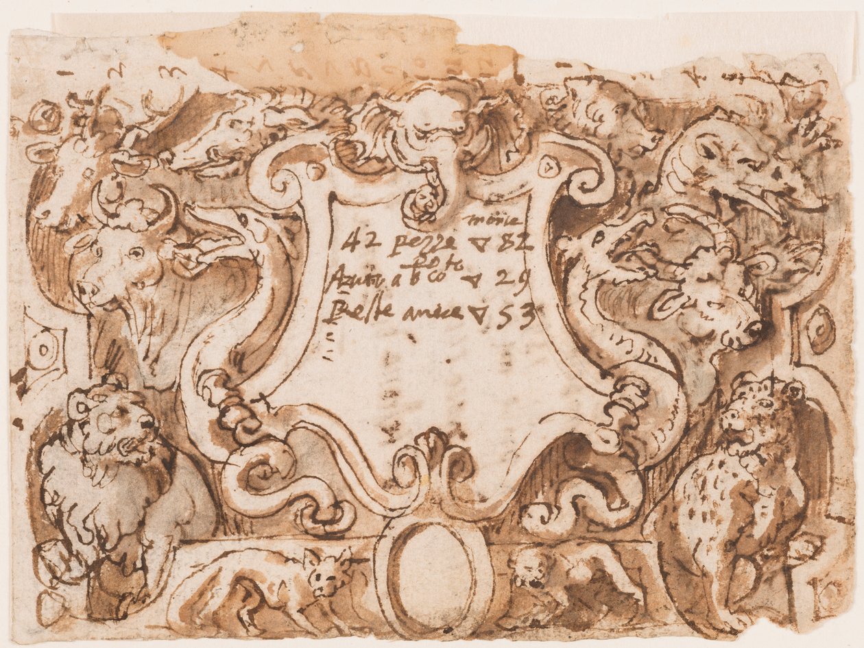 Till höger: preliminär design för titelsidan för tryckserien Hunting of Wild Bears and Fish; Verso: anteckningar av Stradanus om betalningar till en skräddare av Jan van der Straet, called Stradanus