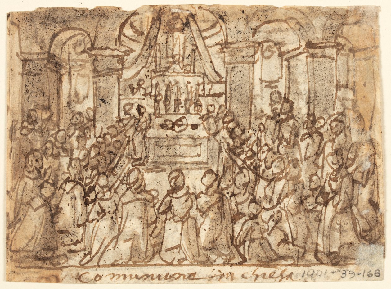 Skissboksida med nattvard i kyrkan och hemmet av Jan van der Straet, called Stradanus