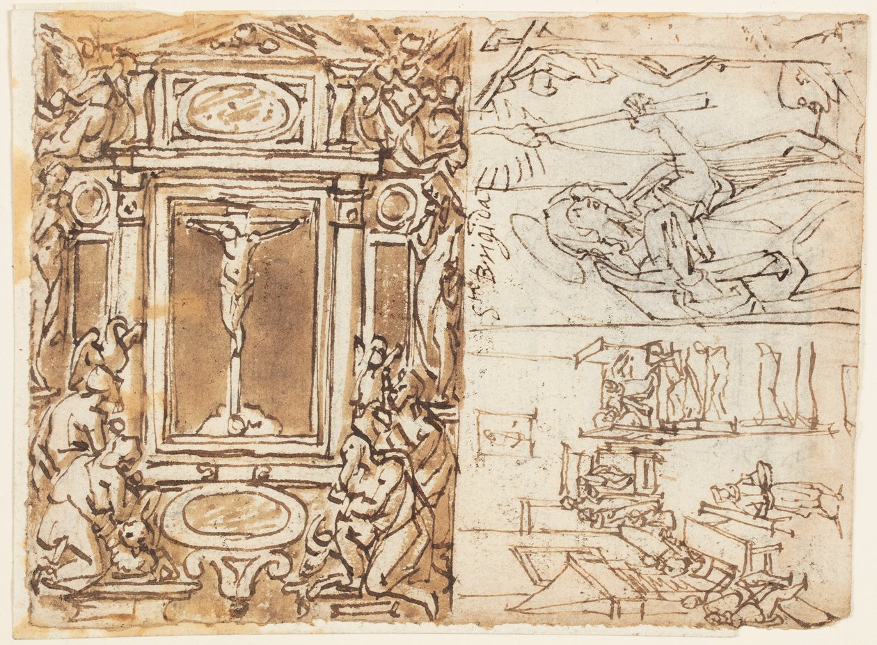 Skissbok Sida; Monument över Marcus Aurelius Antonius med son; Studera för en gravyr av Jan van der Straet, called Stradanus