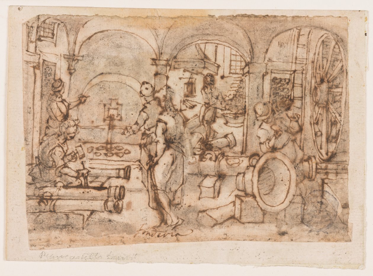 The Invention of Gunpowder, design för "Pulvis Pyrius", pl. 3 i Nova Reperta-serien (New Inventions of Modern Times). av Jan van der Straet, called Stradanus