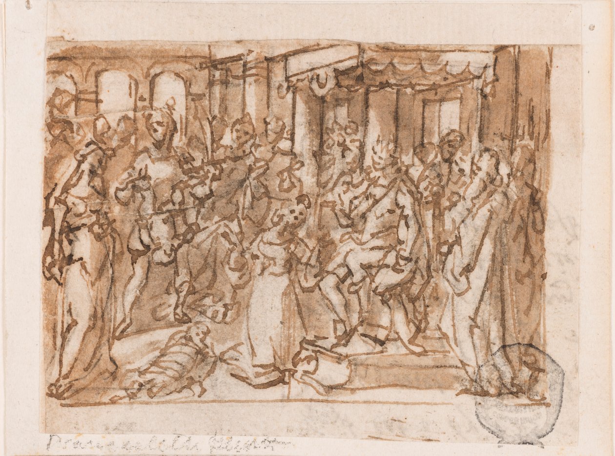 The Judgment of Salomon, preliminär design för "Spiritus Sapientiae" (Vishetens ande), plåt 1 i tryckserien "Seven Gifts of the Holy Spirit" av Jan van der Straet, called Stradanus