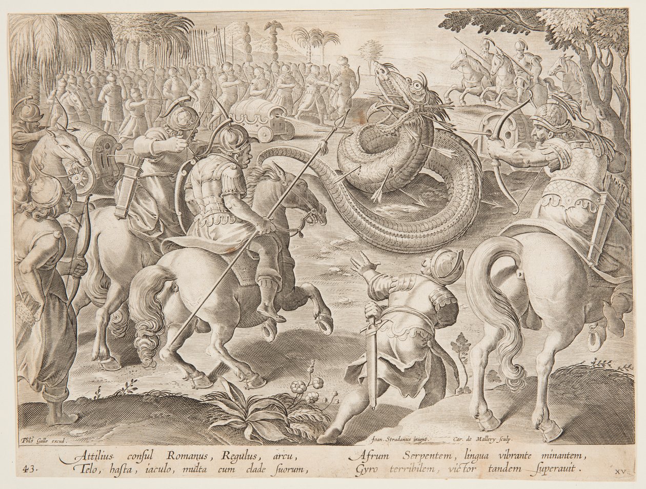 Den romerske konsuln Attilius Regulus slåss mot en jätte afrikansk orm, skylt 25 i Wild Hunts-serien av Jan van der Straet, called Stradanus
