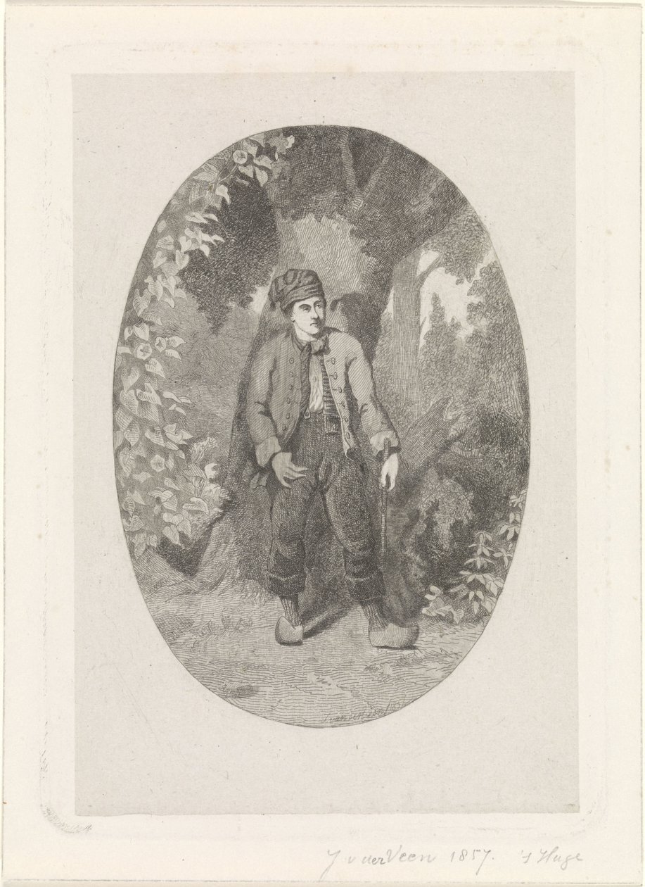 Man vid ett träd i en skog av Jan van der Veen (prentmaker)