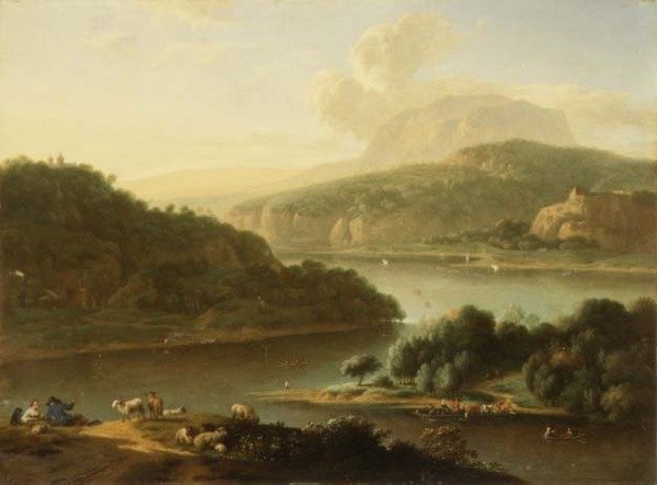 Ett flodlandskap med herde och bondkvinna i förgrunden av Jan van der the Younger Meer
