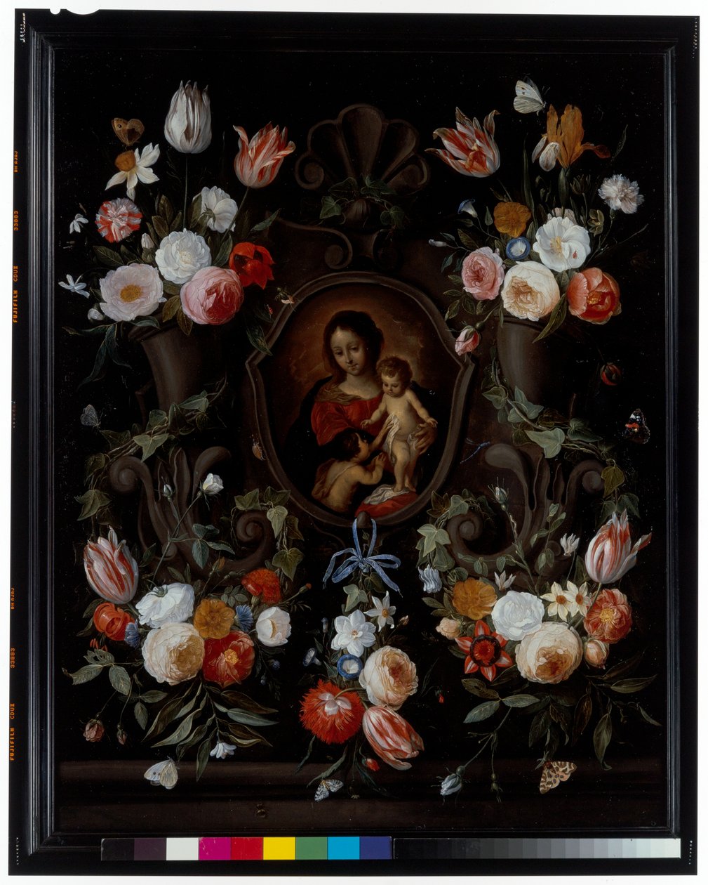 En stenkartouche prydd med blommor och fjärilar av Jan van the Elder Kessel