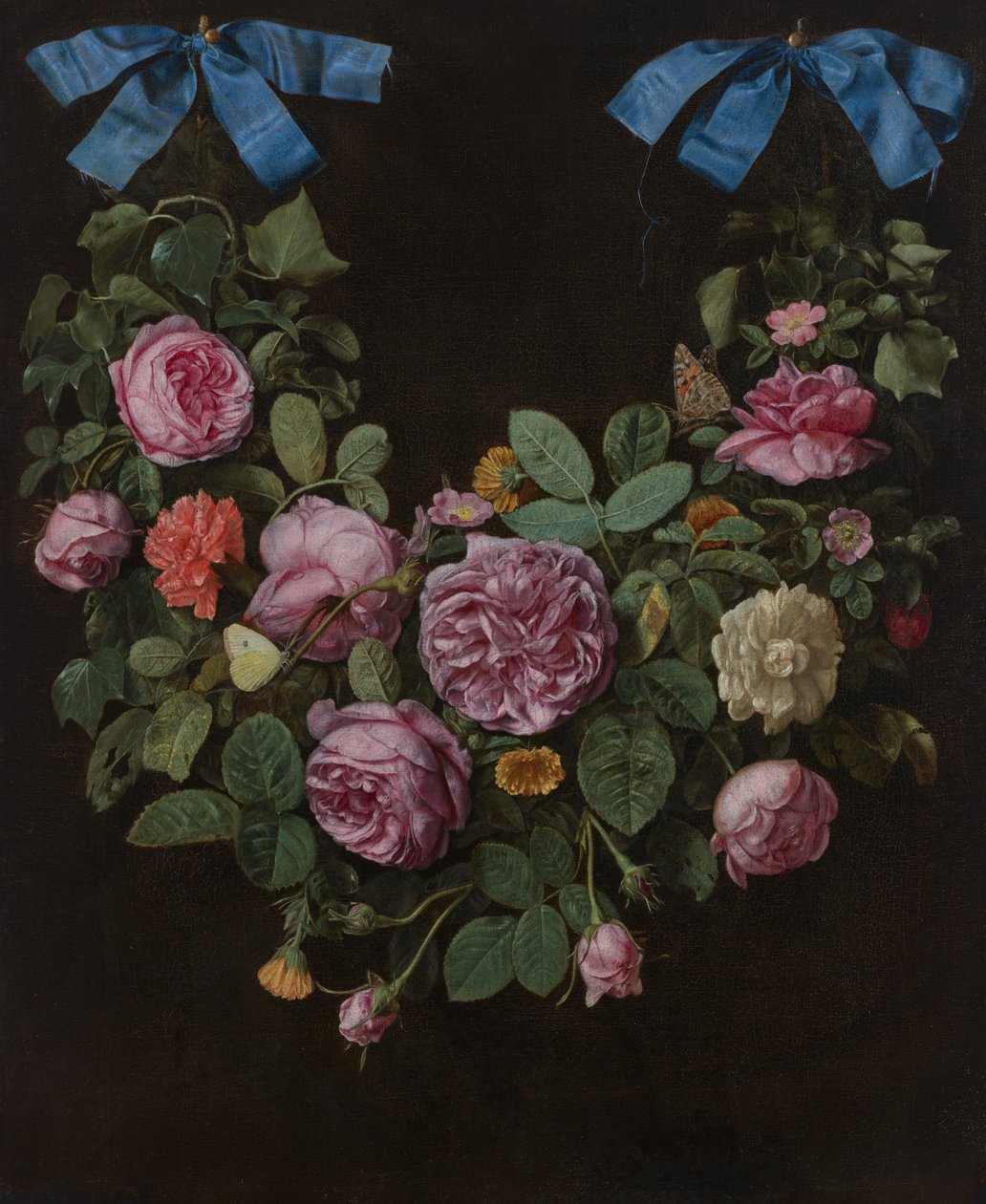 Ett fång rosor upphängda i blå band (olja på duk) av Jan van the Elder Kessel