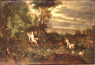 En allegori om vatten: en havsnymf vid en vassstrand med fiskar, snäckor och fåglar i närheten, amfitritens triumf bortom av Jan van the Elder Kessel