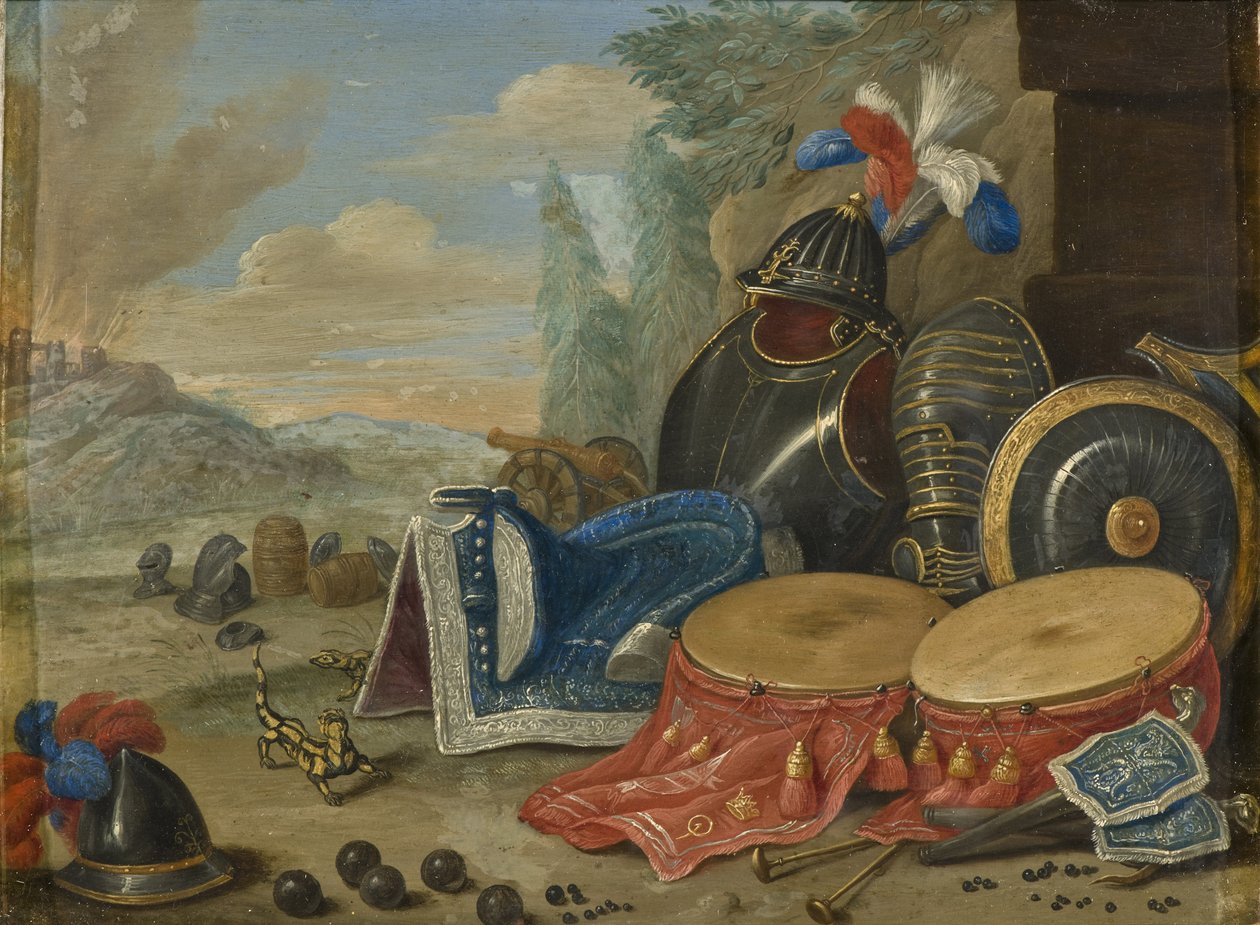 Emblemes de guerre - Krigsemblem, av Kessel, Jan van, den äldre (1626-1679). Olja på koppar. Mått: 19x25 cm. Nationalmuseum Stockholm av Jan van the Elder Kessel