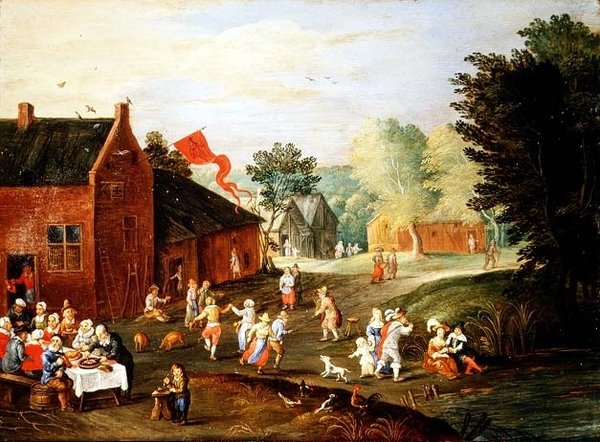 Bönder festar i en by av Jan van the Elder Kessel